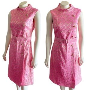 Richard Kaplan 1960s Pink Gold Metallic Thread Belted Vintage Shift Dress